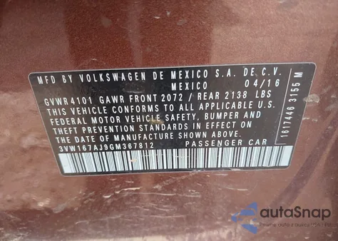 2016 Volkswagen Jetta 1.4T S z USA, uszkodzony, nr VIN 3VW167AJ9GM367812